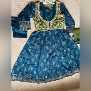 Elegant Blue and Green Embroidered Dress